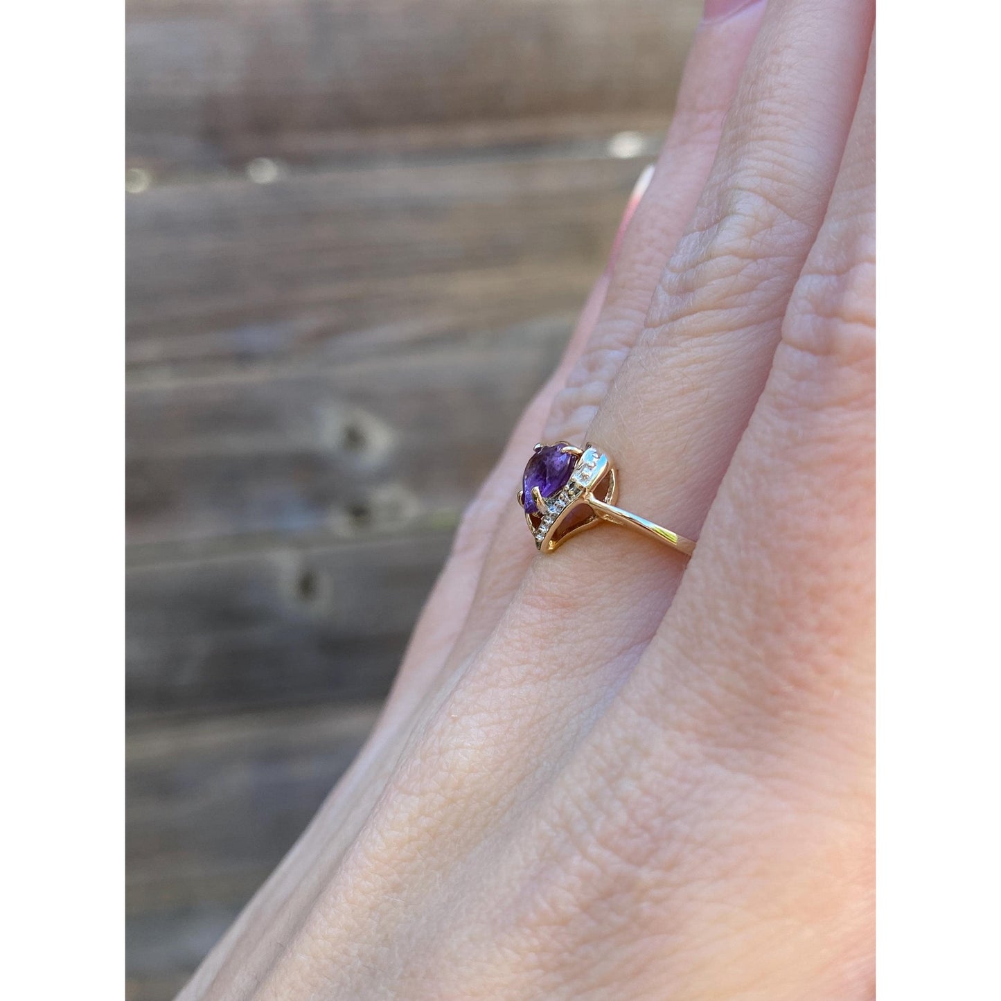 Vintage Solid 14k Yellow Gold Diamond Amethyst Heart Ring - Size 8