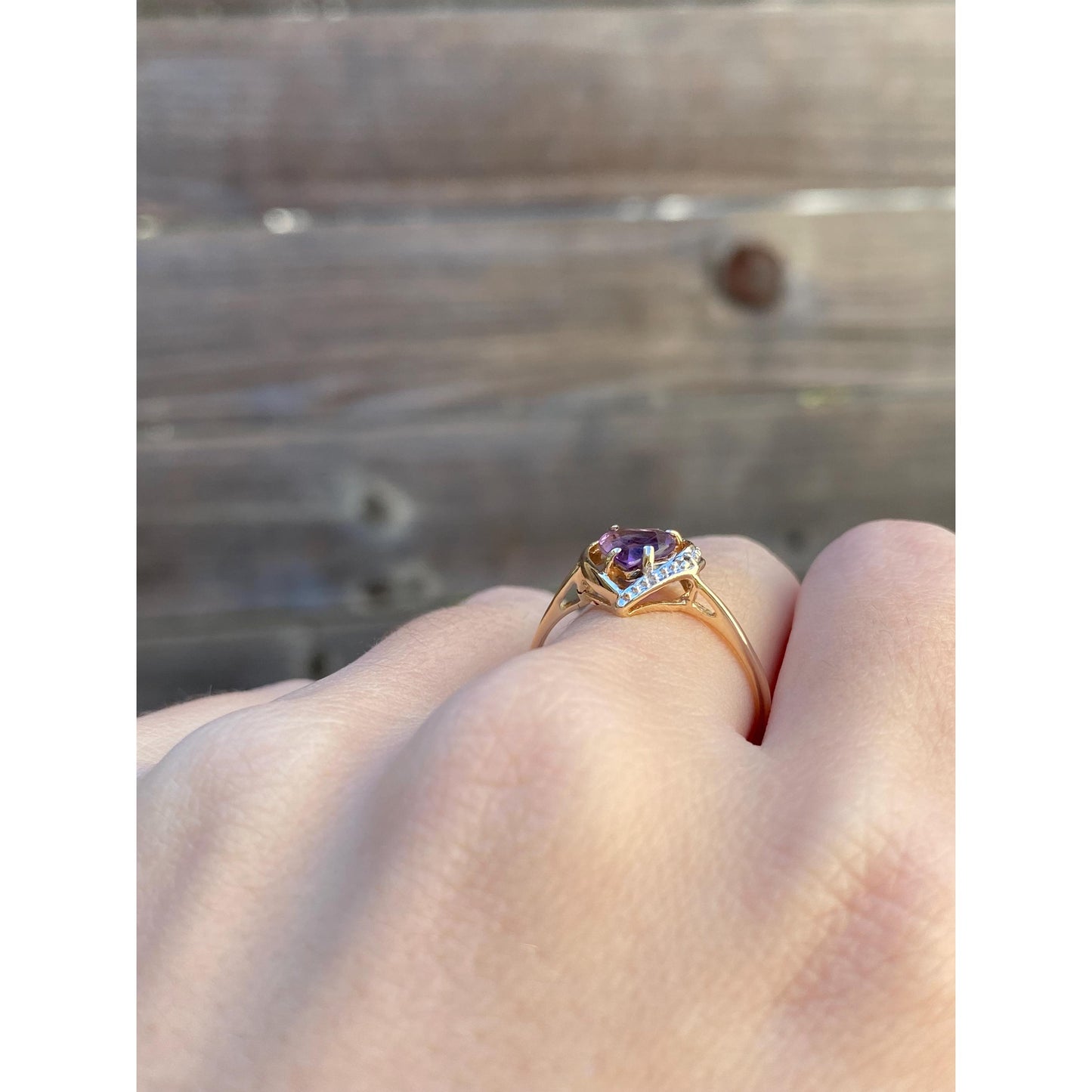 Vintage Solid 14k Yellow Gold Diamond Amethyst Heart Ring - Size 8