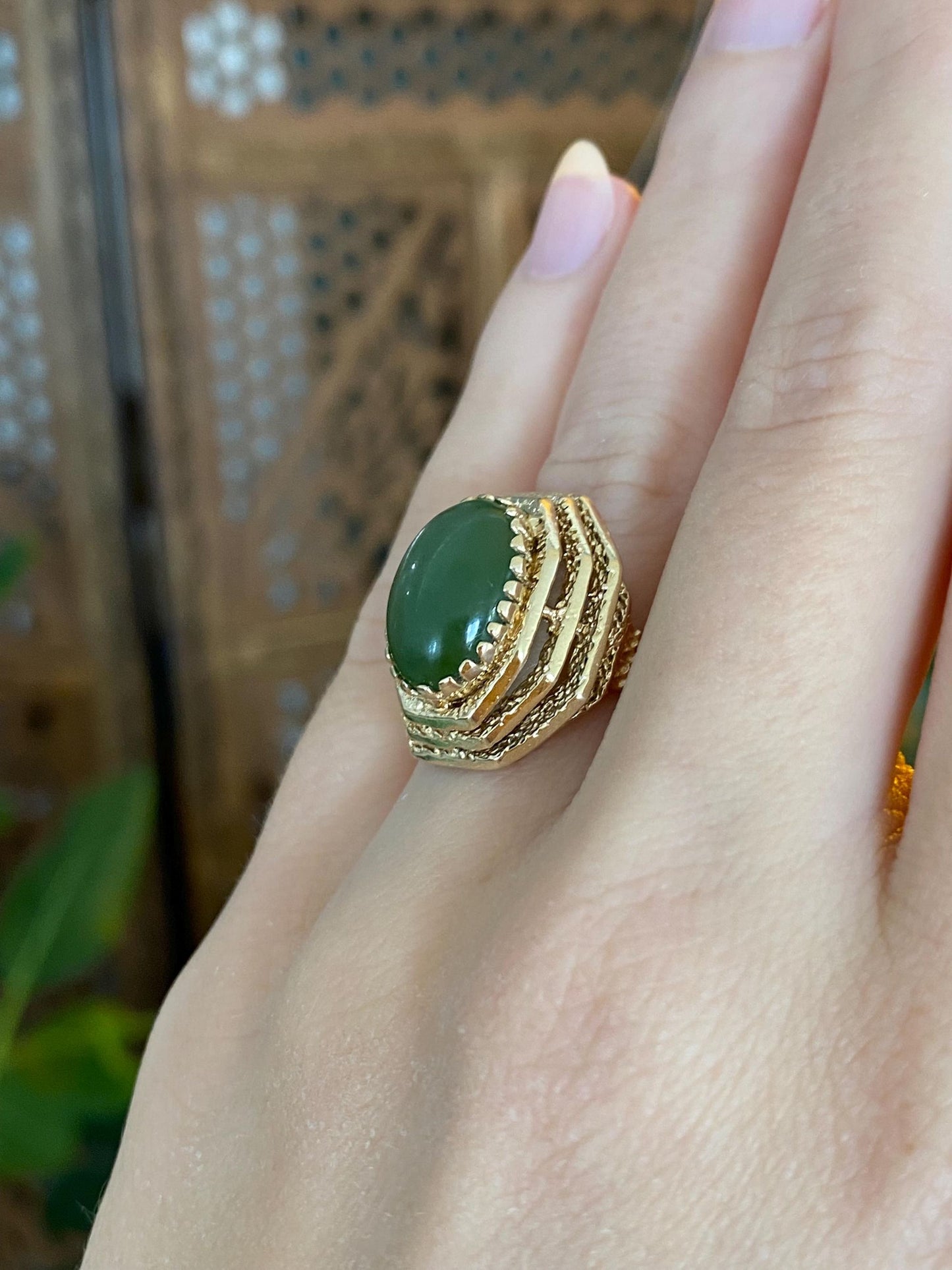 Vintage Solid 14k Yellow Gold Nephrite Ring - Size 5.5