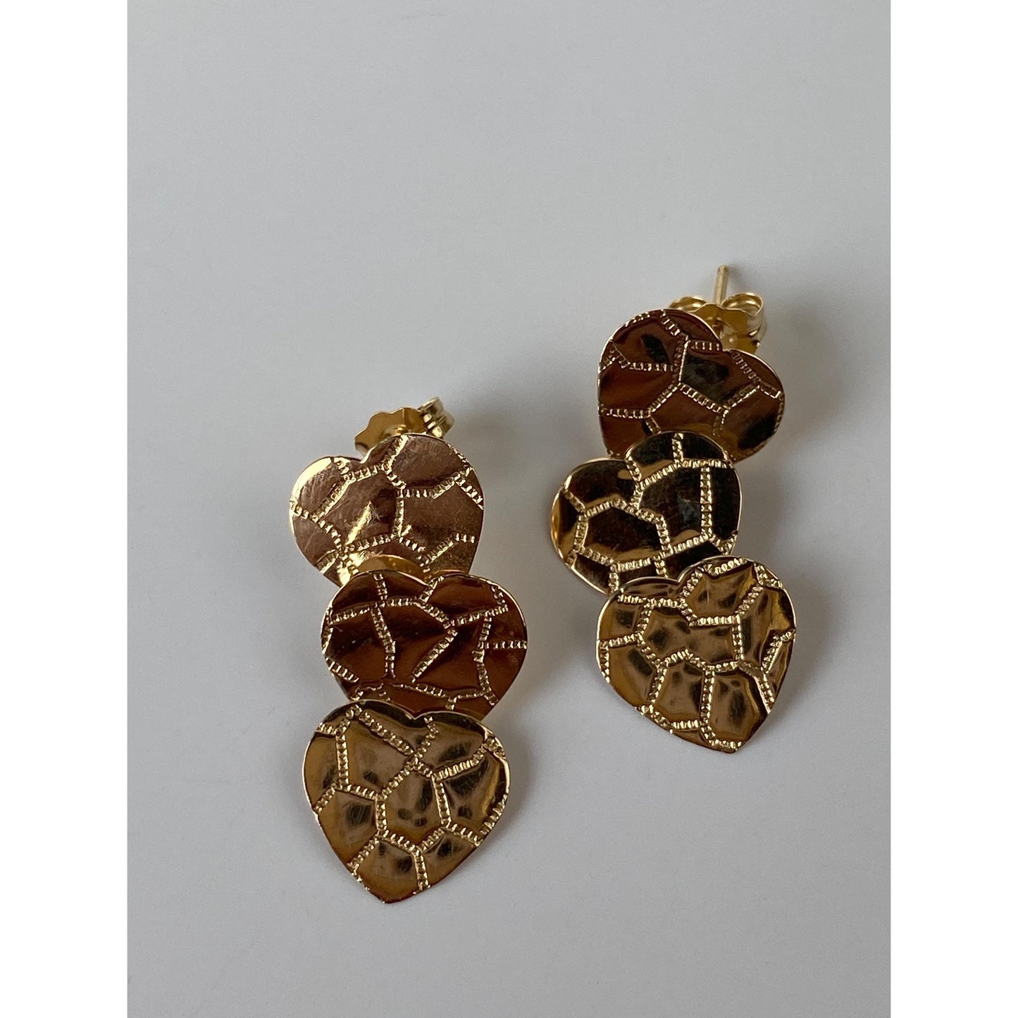 Solid 14k Yellow Gold Concentric Hearts Dangle Stud Earrings