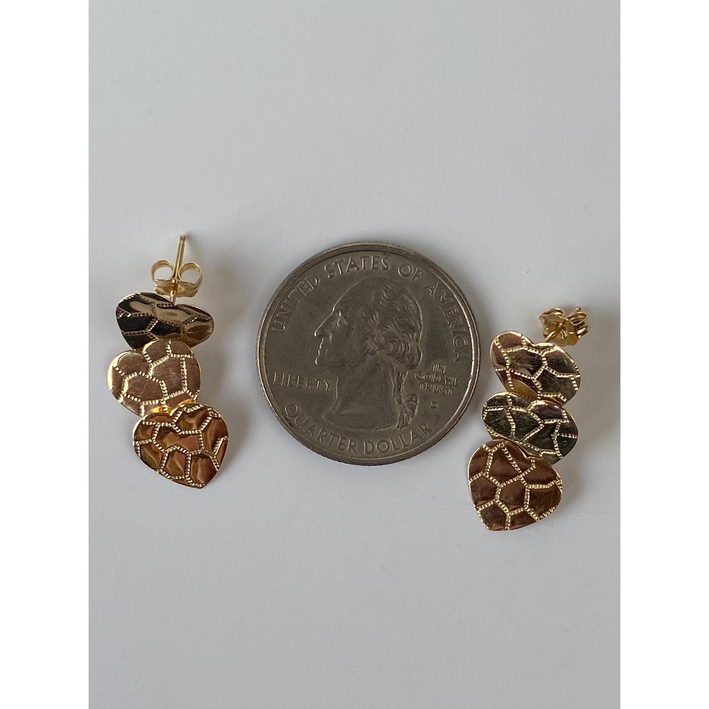 Solid 14k Yellow Gold Concentric Hearts Dangle Stud Earrings