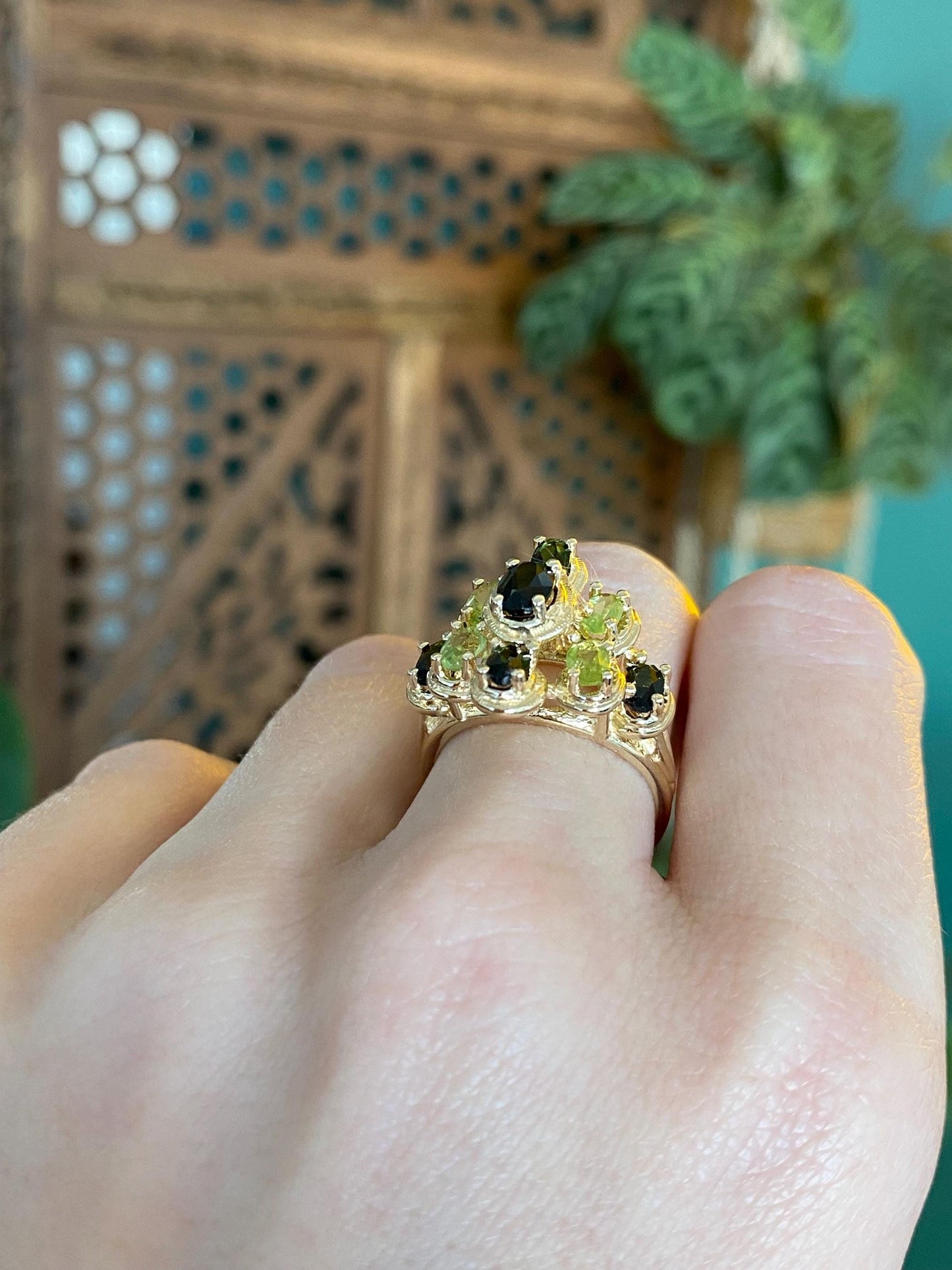 Vintage Solid 14k Yellow Gold Green Tourmaline Peridot Cluster Ring - Size 6.75