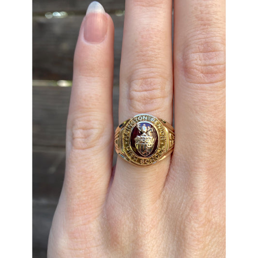 Vintage Solid 10k Yellow Gold Ruby Abington Senior Class Ring - Size 5.25