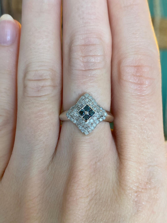 Vintage Solid 10k White Gold Blue & Clear Diamond Square Ring - Size 5.75