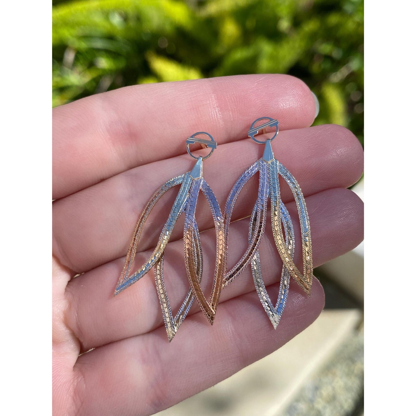 Vintage Solid 14k Tri Tone Gold Flat Chain Dangle Stud Earrings