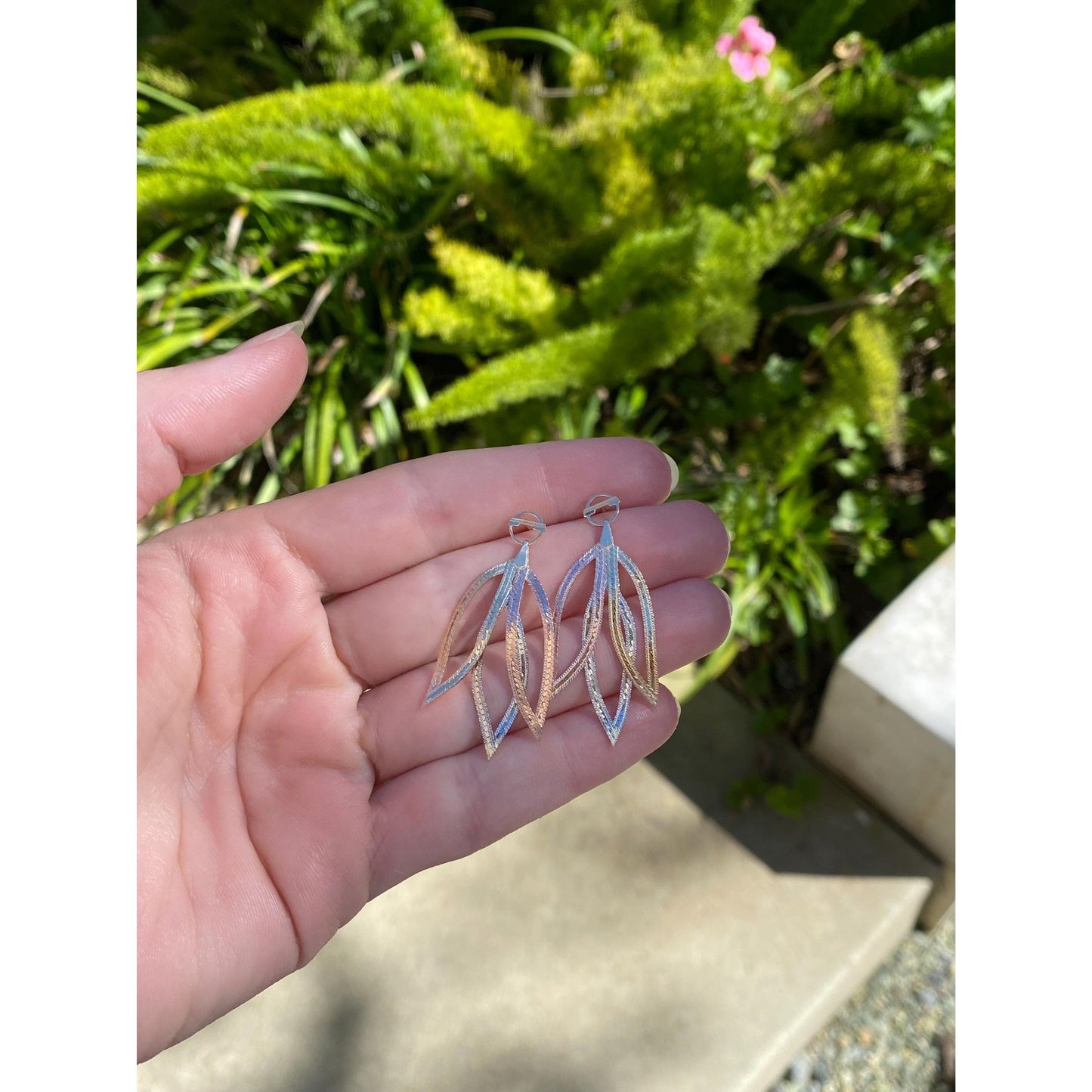 Vintage Solid 14k Tri Tone Gold Flat Chain Dangle Stud Earrings