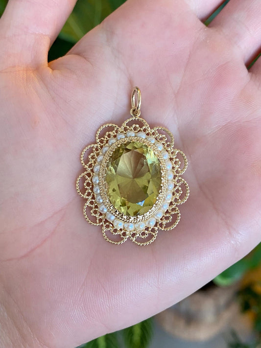 Vintage Solid 14k Yellow Gold Pearl Halo Lemon Quartz Charm