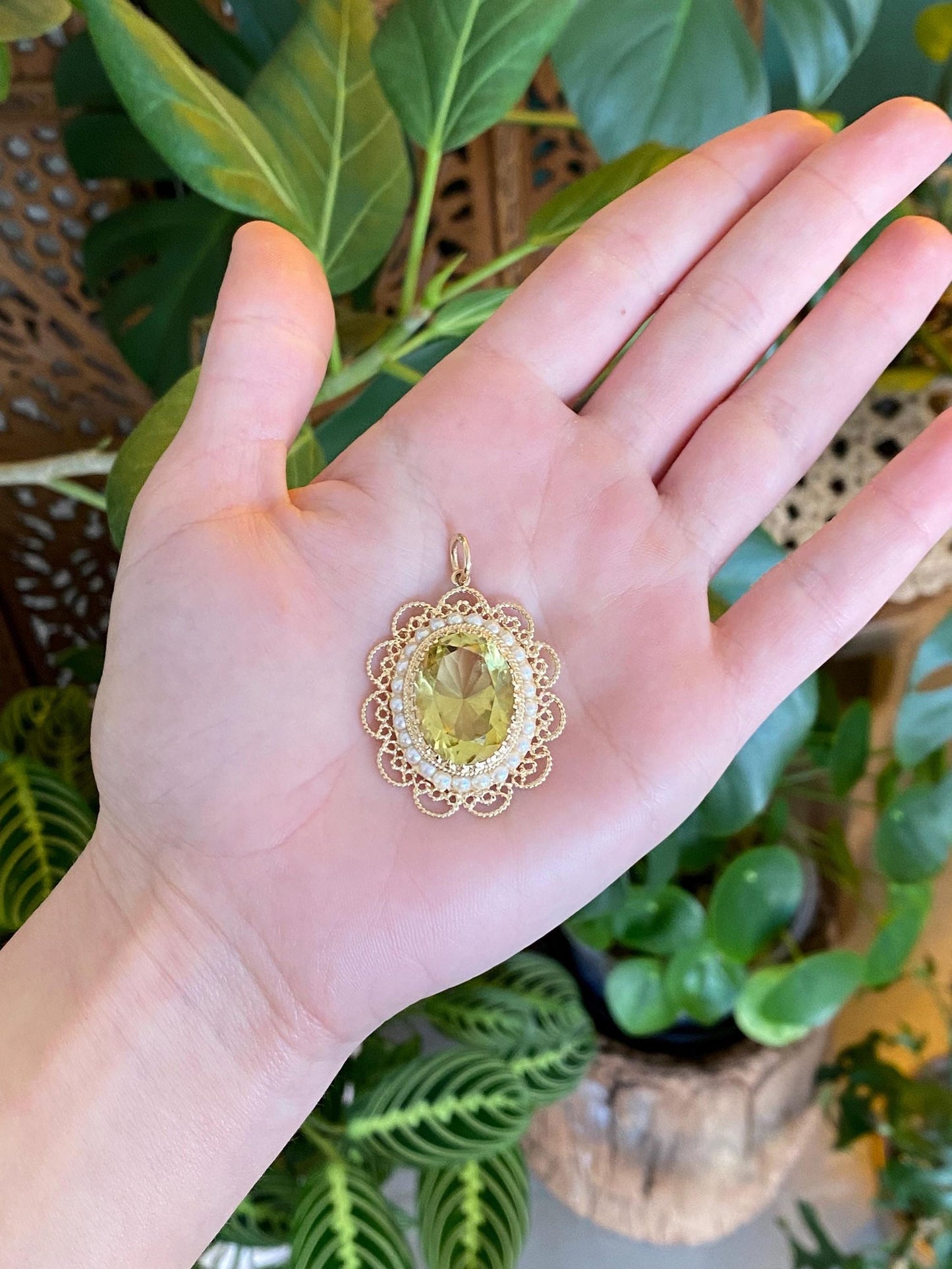 Vintage Solid 14k Yellow Gold Pearl Halo Lemon Quartz Charm