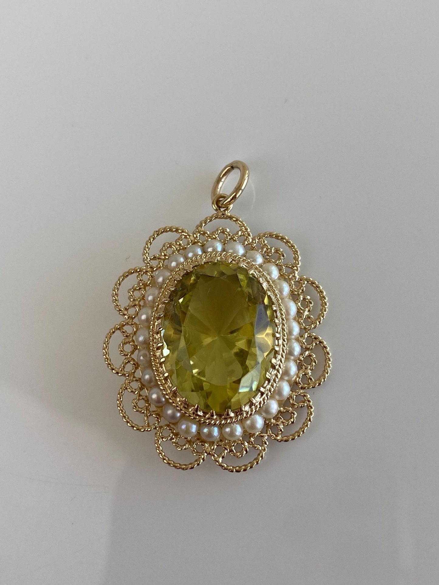 Vintage Solid 14k Yellow Gold Pearl Halo Lemon Quartz Charm