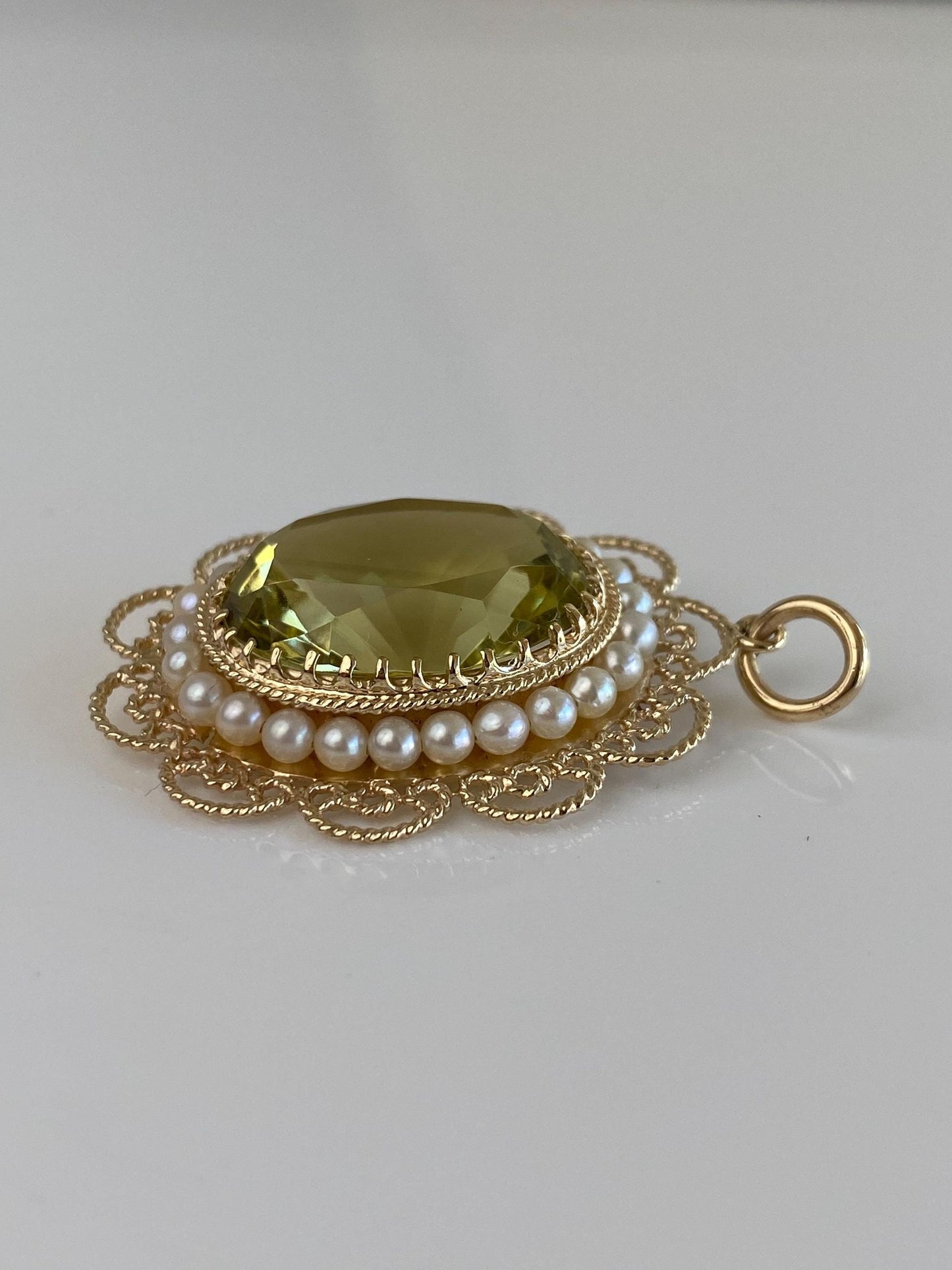 Vintage Solid 14k Yellow Gold Pearl Halo Lemon Quartz Charm