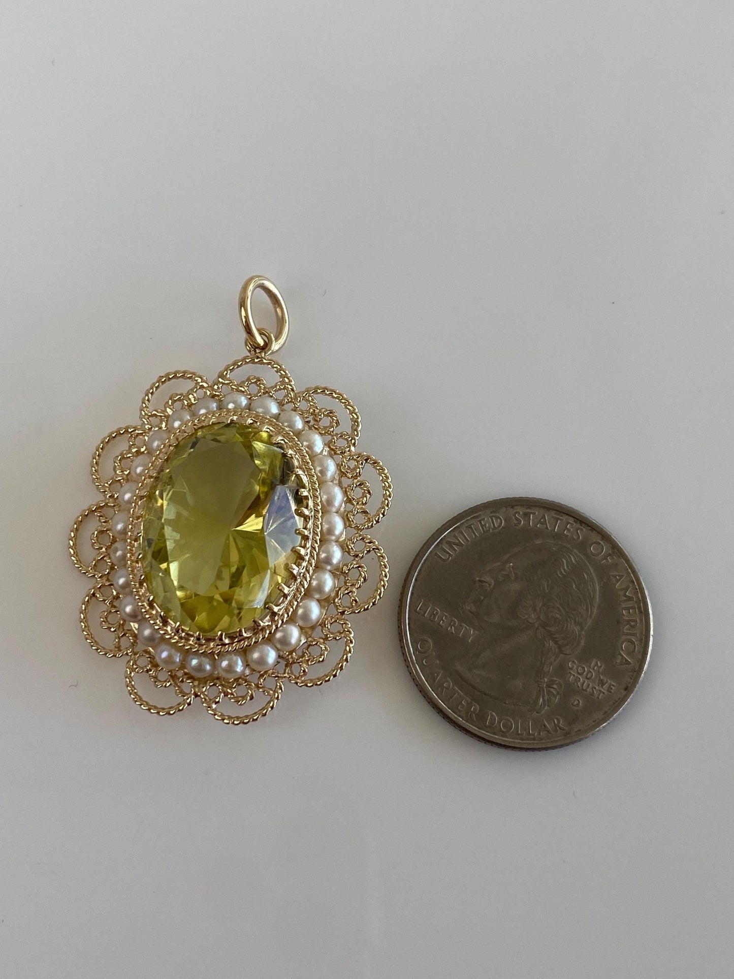 Vintage Solid 14k Yellow Gold Pearl Halo Lemon Quartz Charm