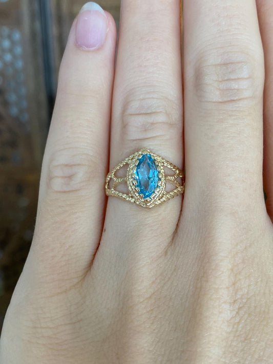 Vintage Solid 14k Yellow Gold Marquis Topaz Open Work Ring - Size 5.75