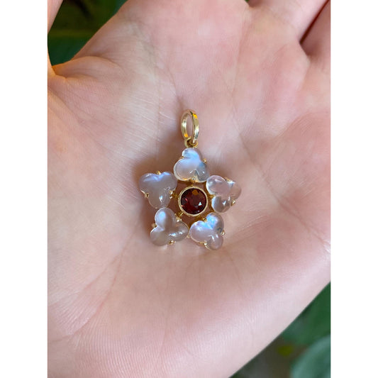 Vintage Solid 14k Yellow Gold Garnet Moonstone Flower Charm