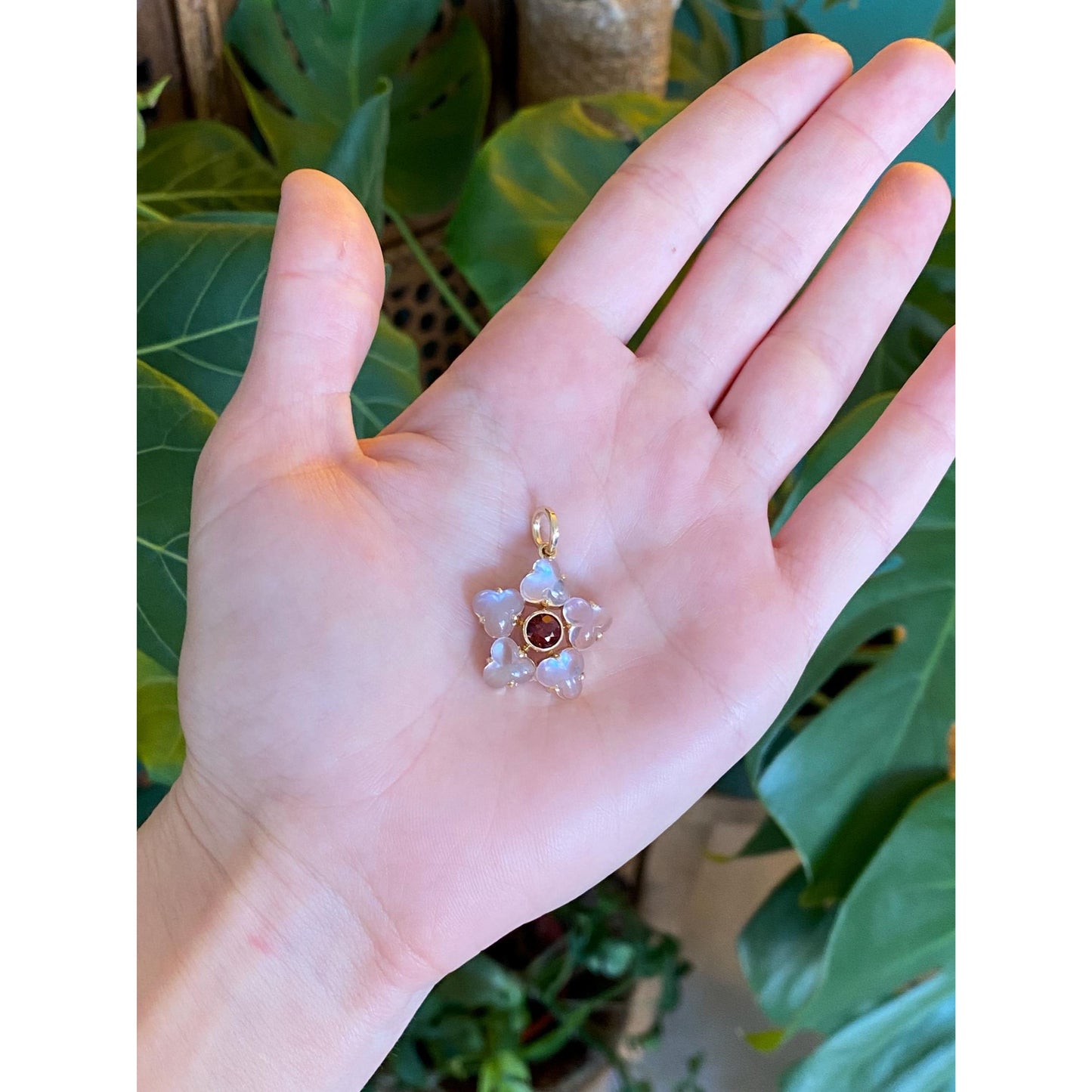 Vintage Solid 14k Yellow Gold Garnet Moonstone Flower Charm