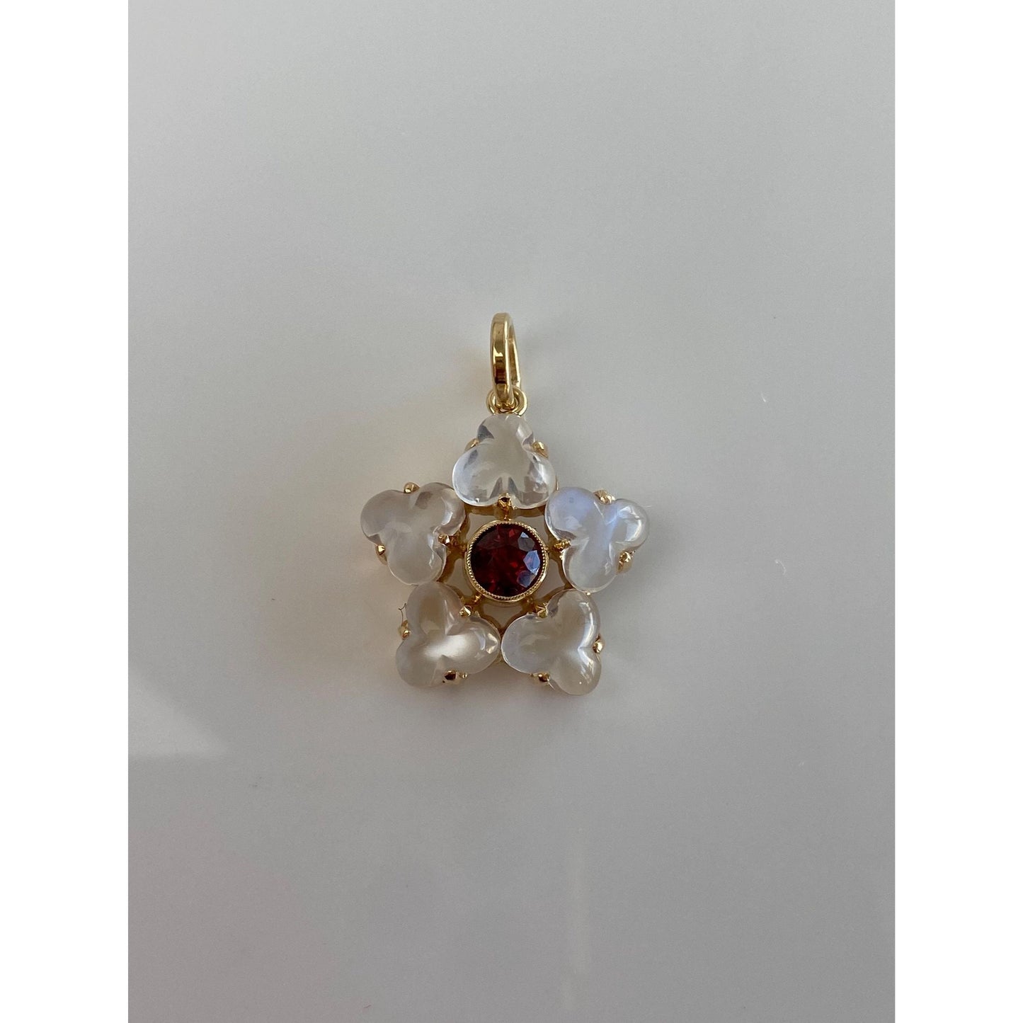 Vintage Solid 14k Yellow Gold Garnet Moonstone Flower Charm