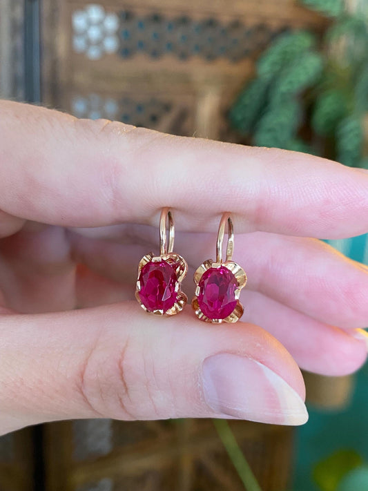 Vintage Solid 14k Rose Gold Pink Sapphire Drop Earrings