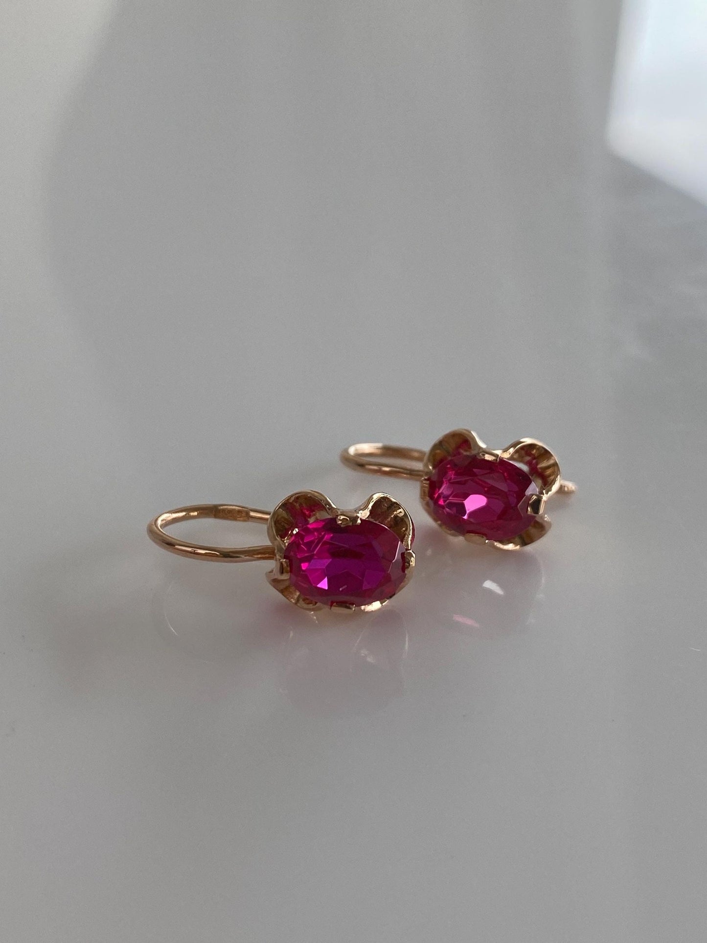 Vintage Solid 14k Rose Gold Pink Sapphire Drop Earrings