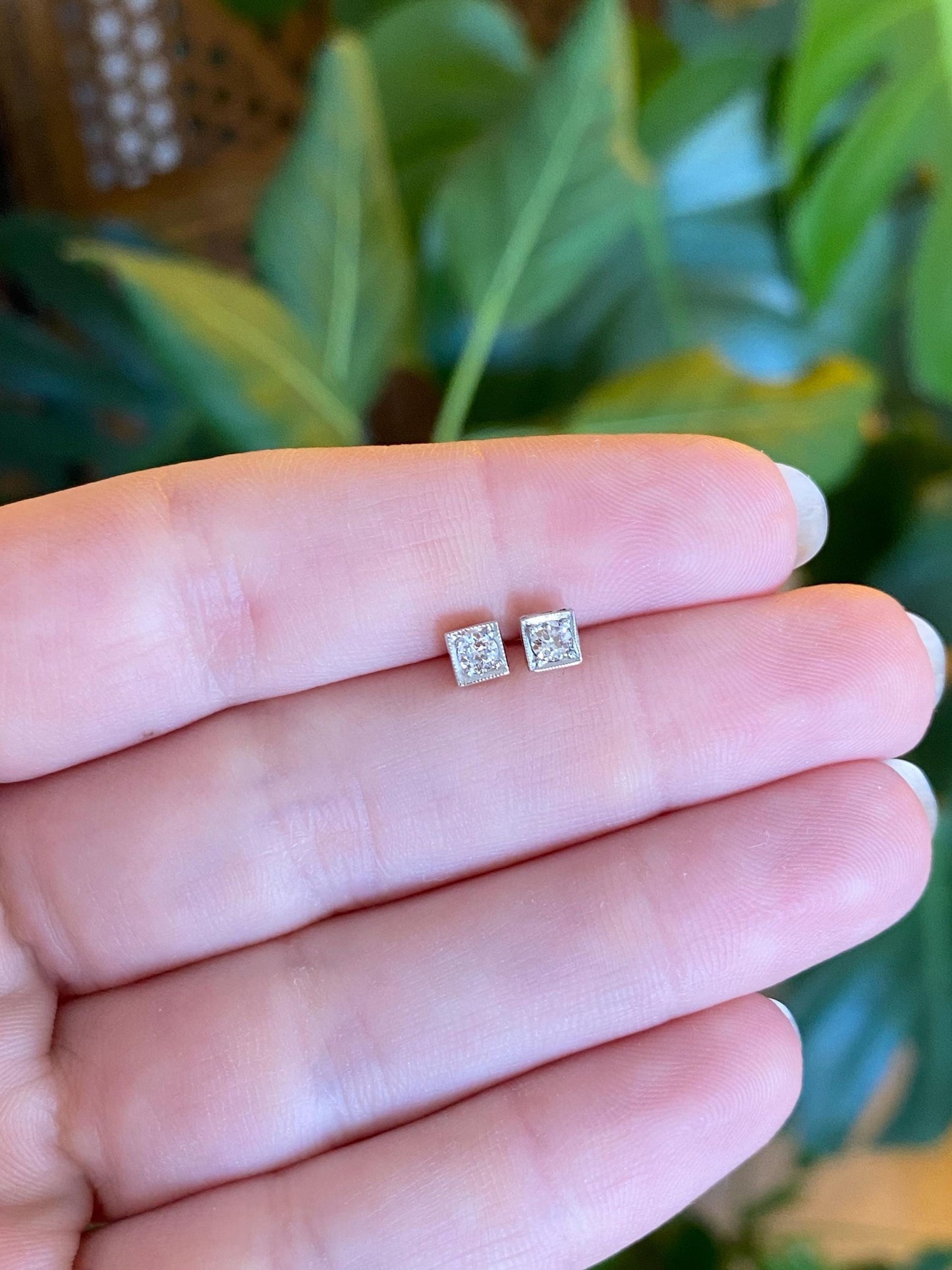 Vintage Solid 14k White & Yellow Gold Diamond Stud Earrings
