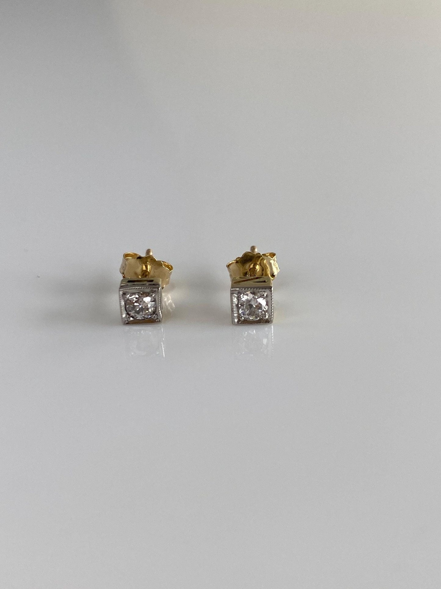Vintage Solid 14k White & Yellow Gold Diamond Stud Earrings