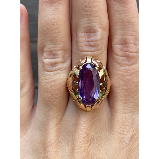 Vintage Solid 14k Rosey & Yellow Gold Color Changing Sapphire Cocktail Ring - Size 9