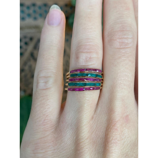 Vintage Solid 10k Yellow Gold Emerald Ruby Stacking Bands Ring - Size 5.25