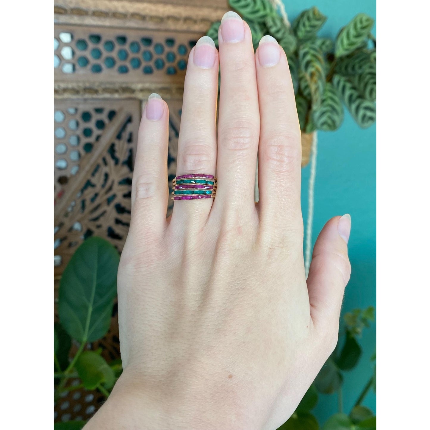 Vintage Solid 10k Yellow Gold Emerald Ruby Stacking Bands Ring - Size 5.25