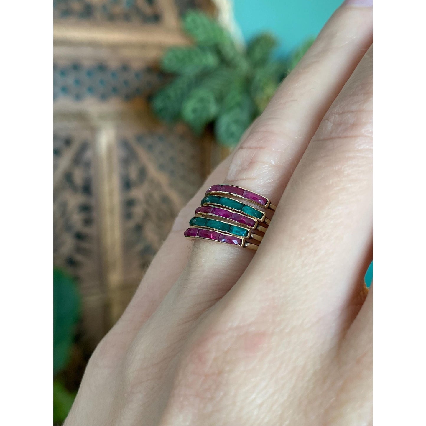 Vintage Solid 10k Yellow Gold Emerald Ruby Stacking Bands Ring - Size 5.25