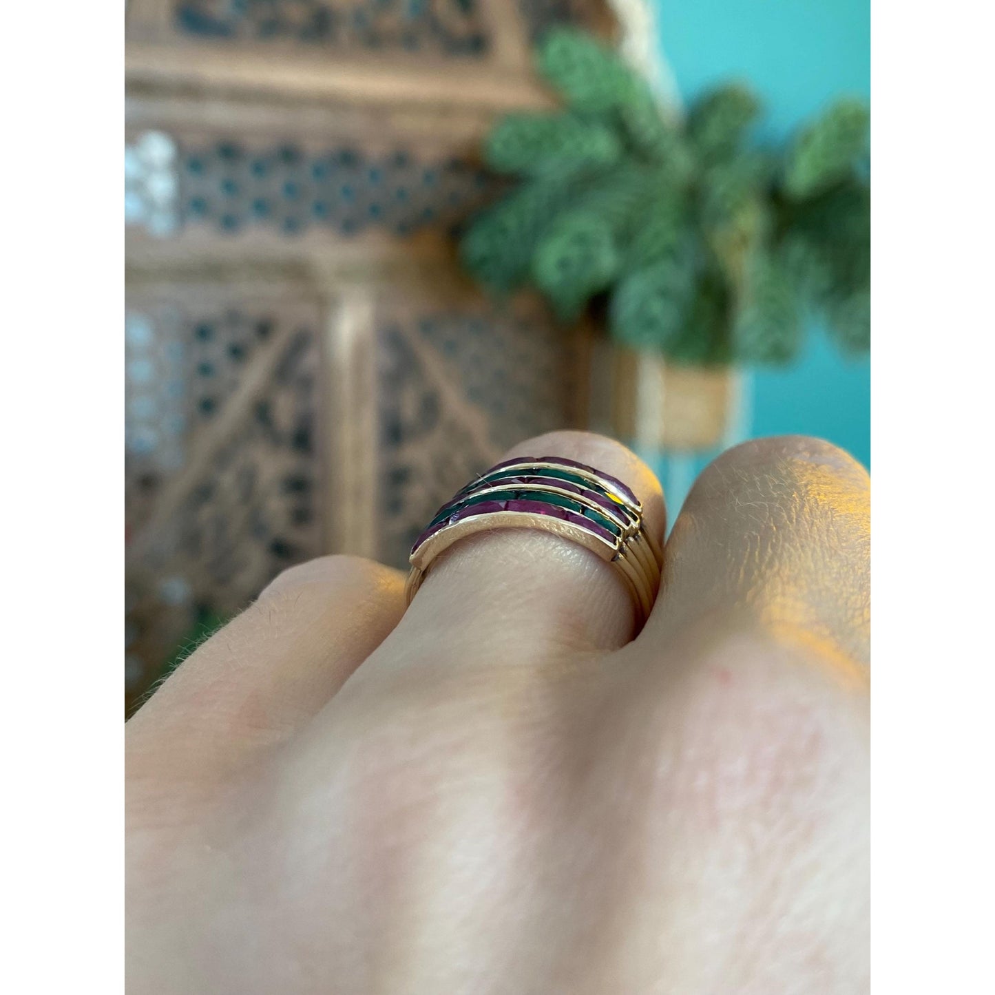 Vintage Solid 10k Yellow Gold Emerald Ruby Stacking Bands Ring - Size 5.25