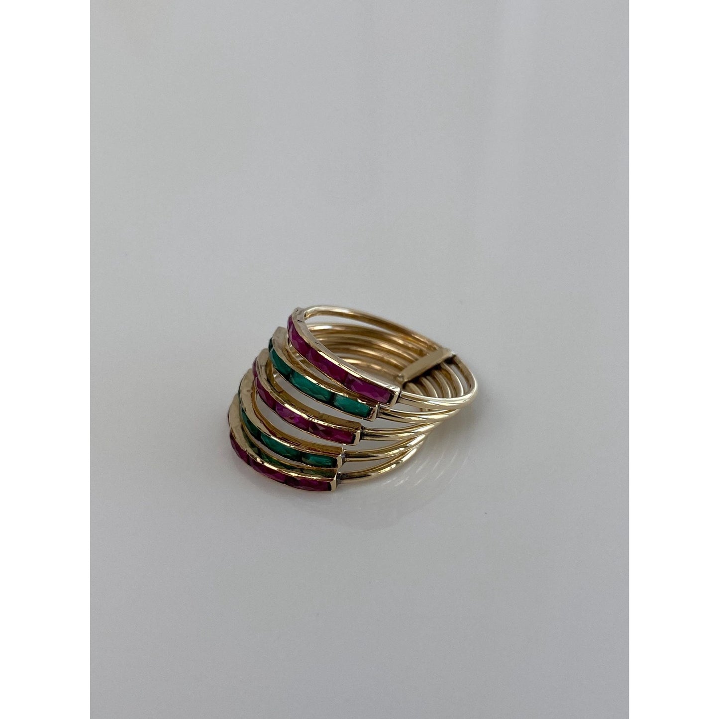 Vintage Solid 10k Yellow Gold Emerald Ruby Stacking Bands Ring - Size 5.25