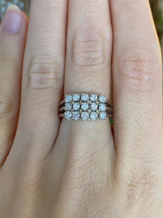 Vintage Solid 14k White Gold Diamond Rows Ring - Size 6.25