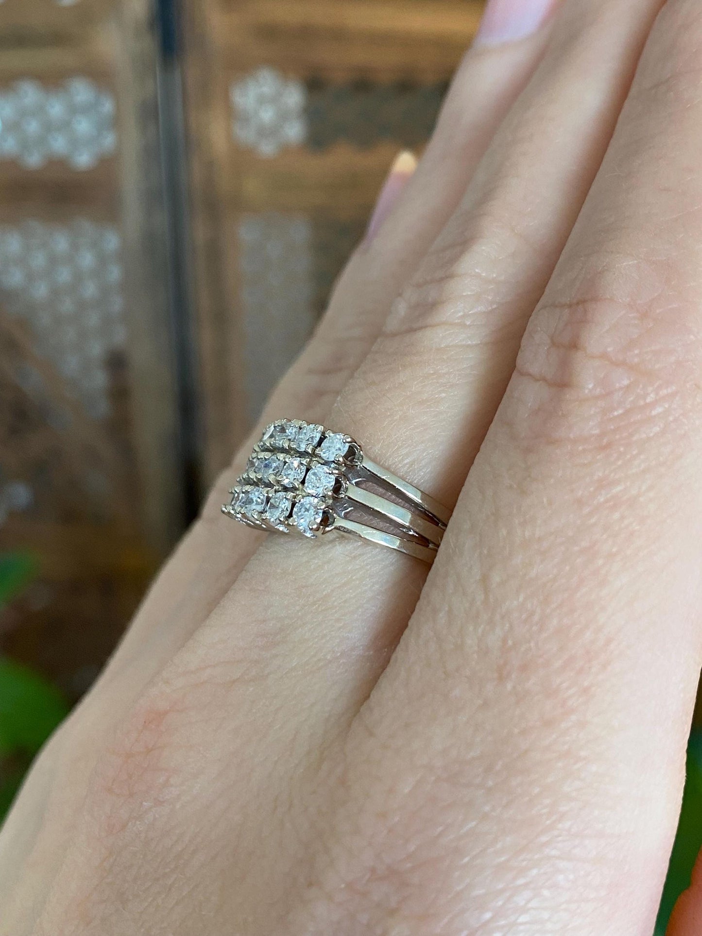 Vintage Solid 14k White Gold Diamond Rows Ring - Size 6.25