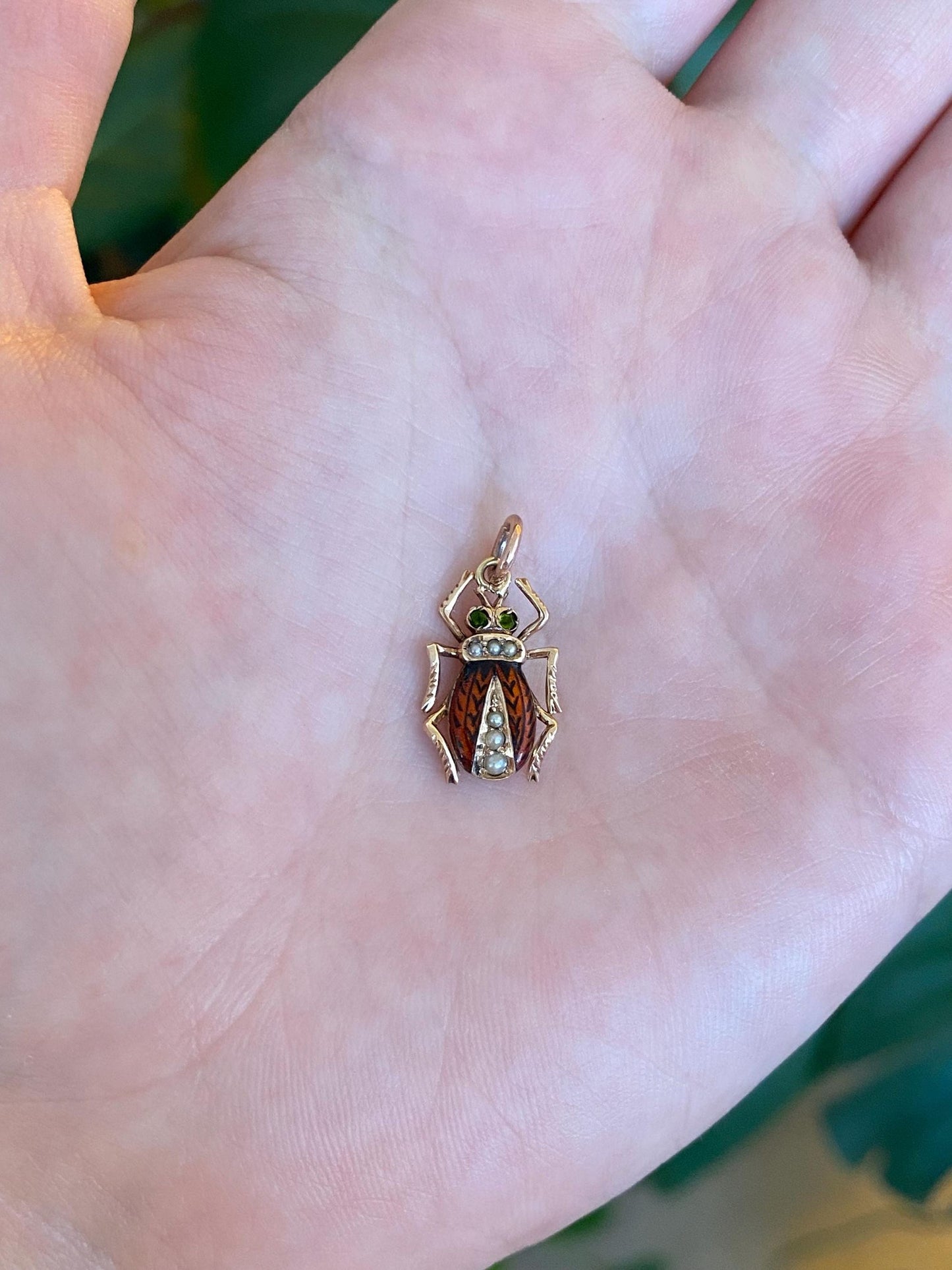 Vintage Solid 10k Rosey Gold Enamel Seed Pearls Beetle Charm