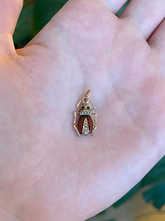 Vintage Solid 10k Rosey Gold Enamel Seed Pearls Beetle Charm