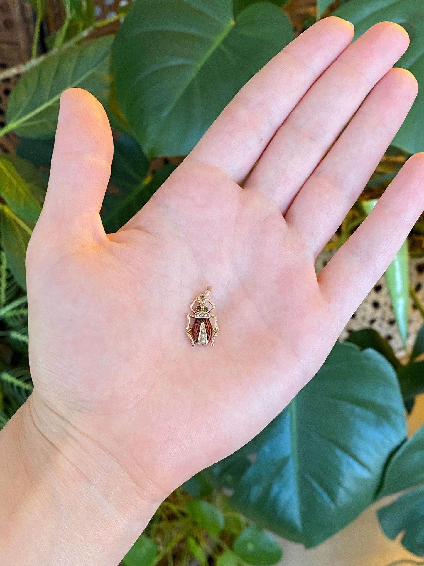 Vintage Solid 10k Rosey Gold Enamel Seed Pearls Beetle Charm