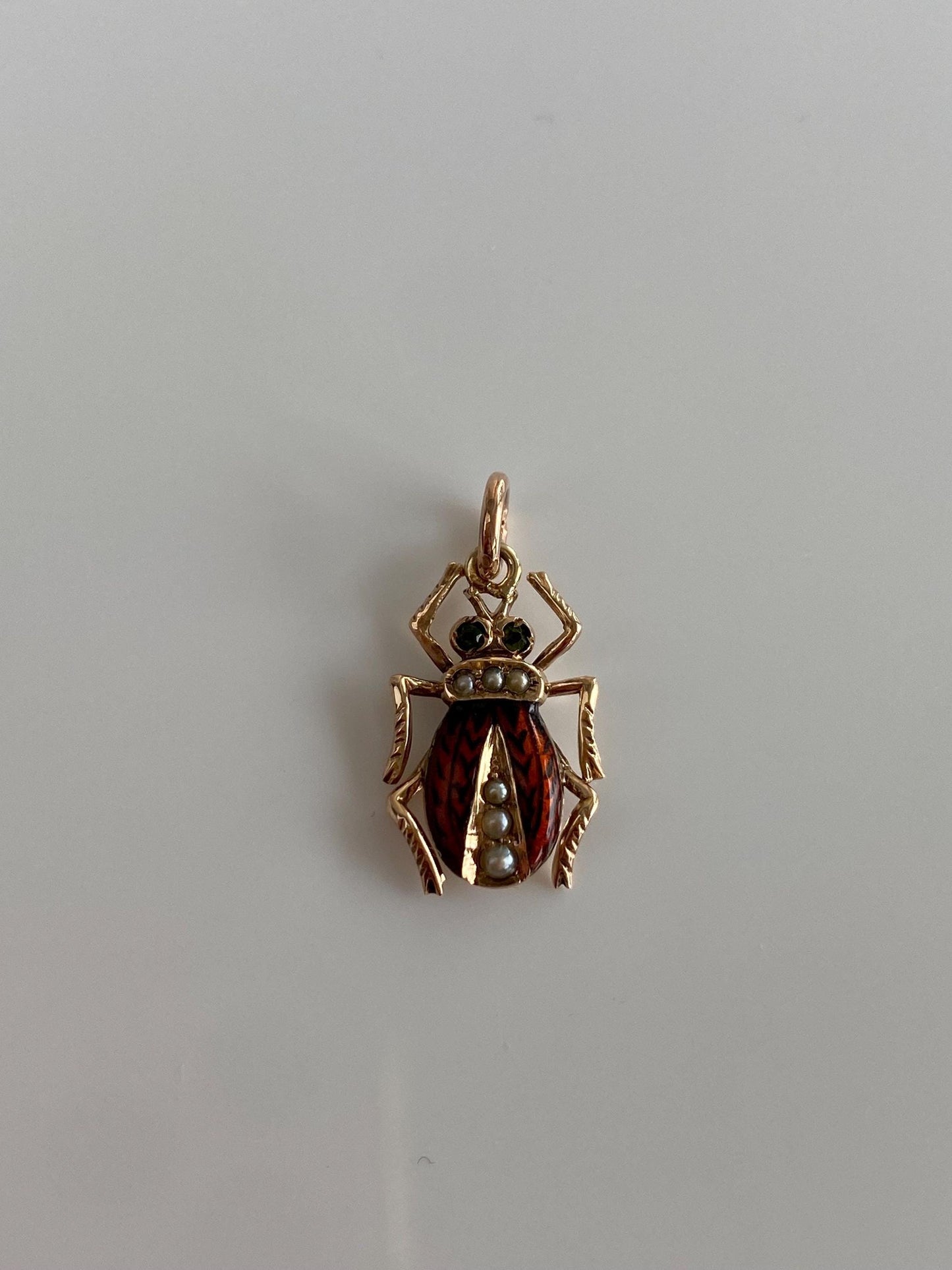 Vintage Solid 10k Rosey Gold Enamel Seed Pearls Beetle Charm