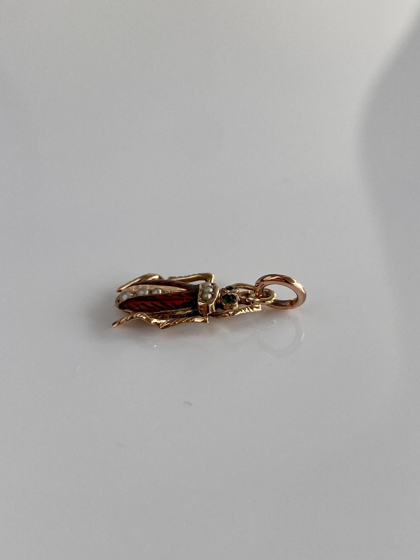 Vintage Solid 10k Rosey Gold Enamel Seed Pearls Beetle Charm