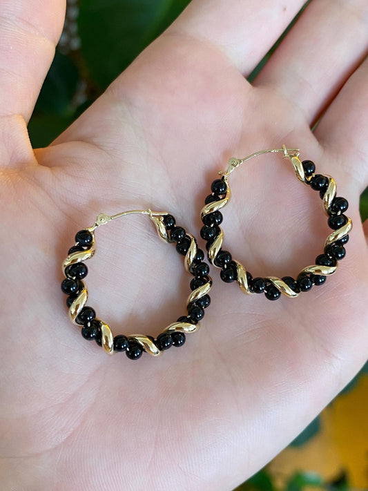 Vintage 14k Yellow Gold Black Onyx Bead Twisted Hoop Earrings