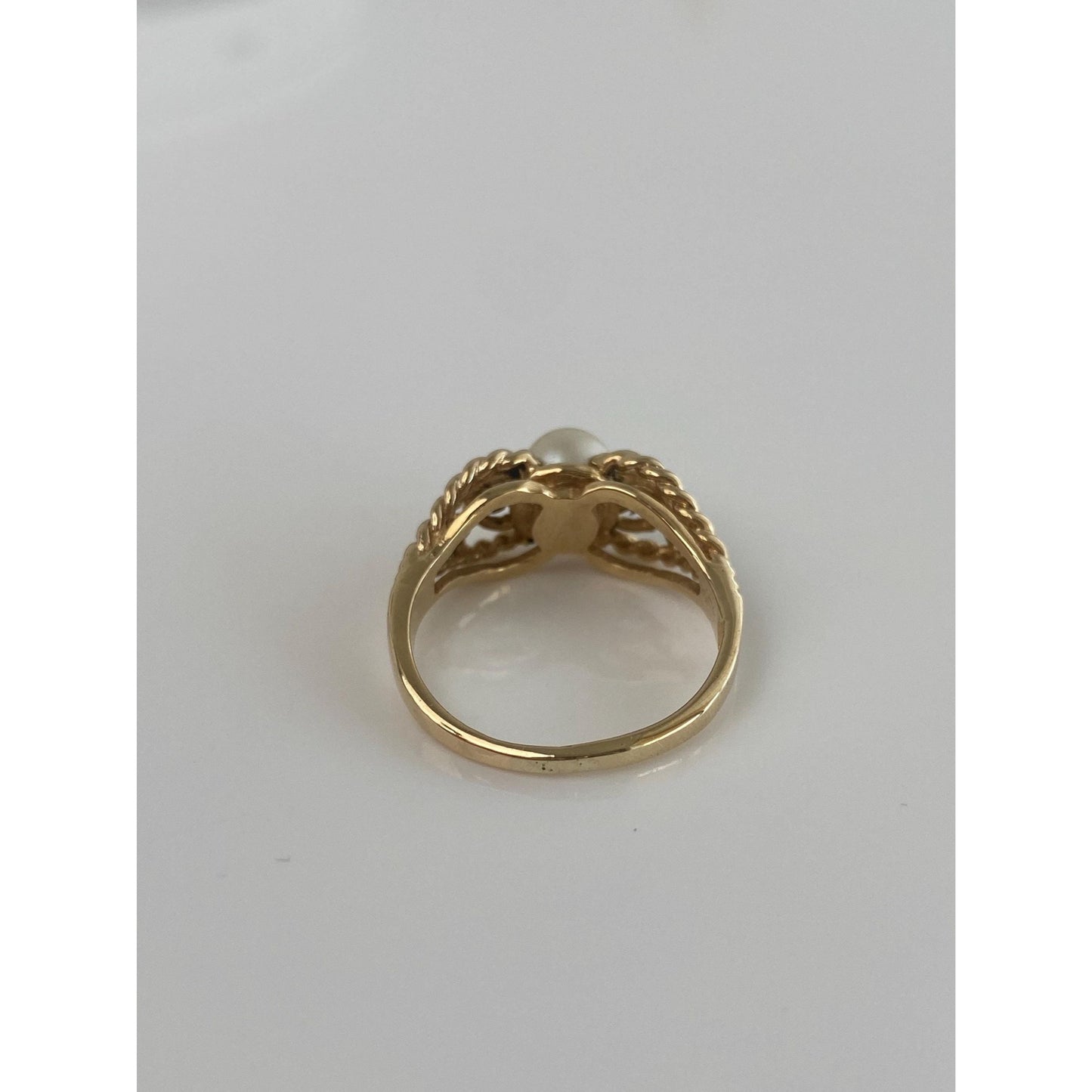 Vintage Solid 14k Yellow Gold Pearl Green Stone Rope Ring Band - Size 7.25