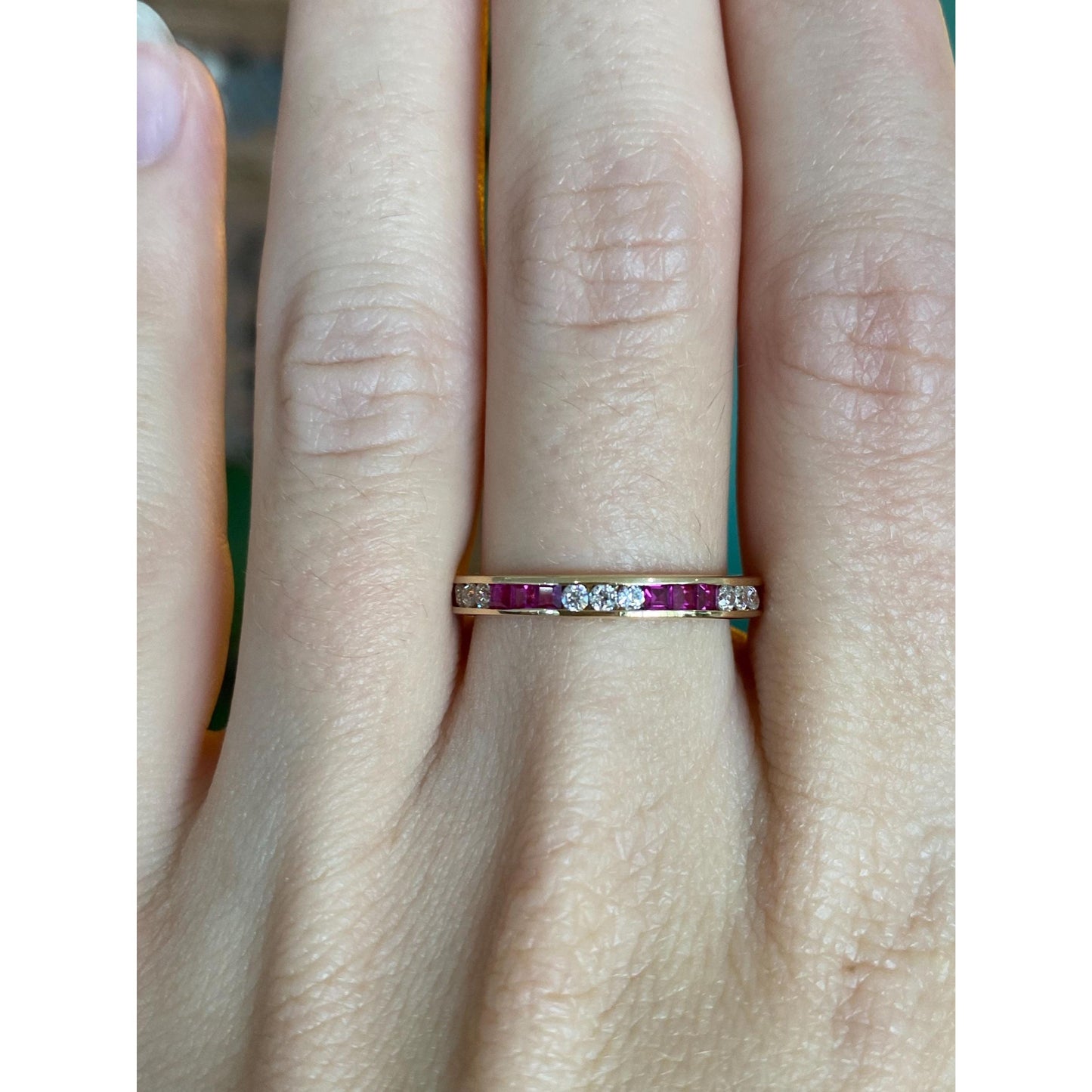 Solid 14k Yellow Gold Pink Sapphire Clear Cubic Zirconia Ring Band - Size 8
