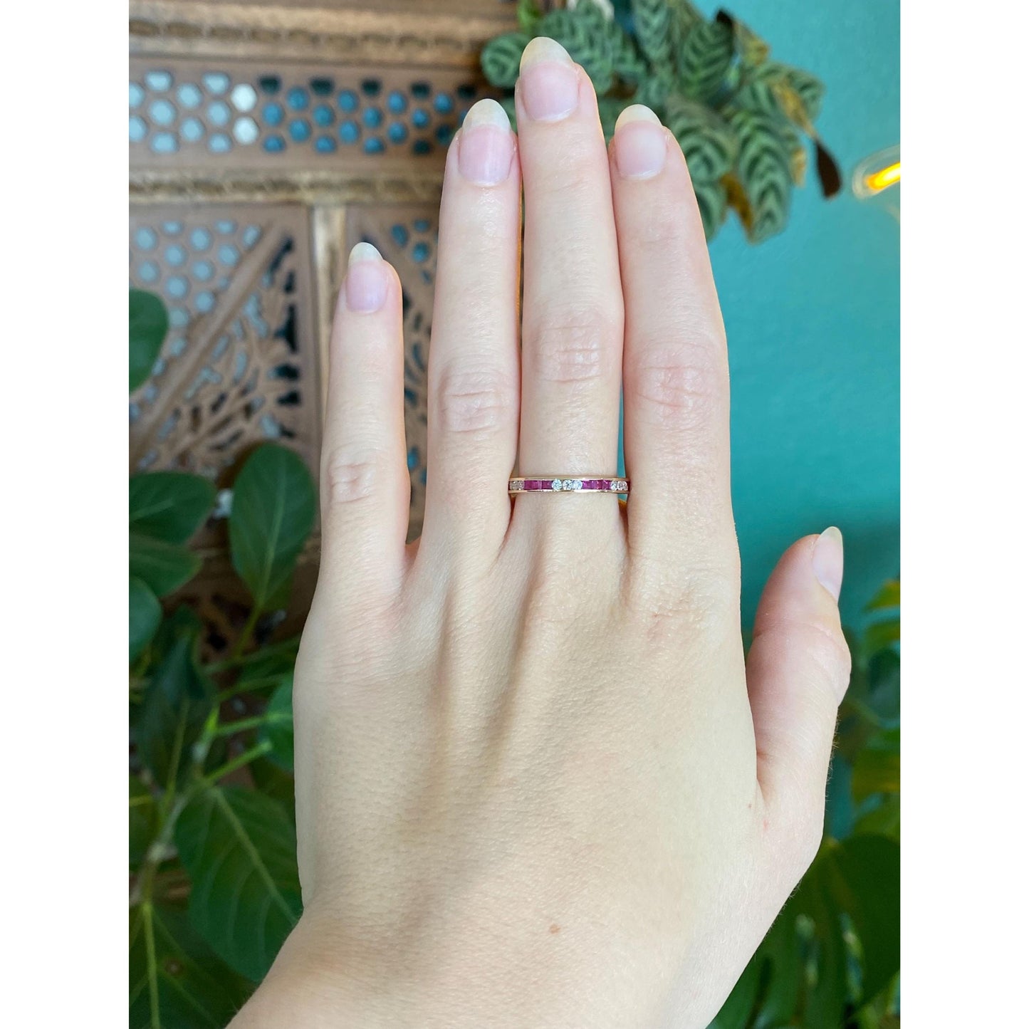 Solid 14k Yellow Gold Pink Sapphire Clear Cubic Zirconia Ring Band - Size 8