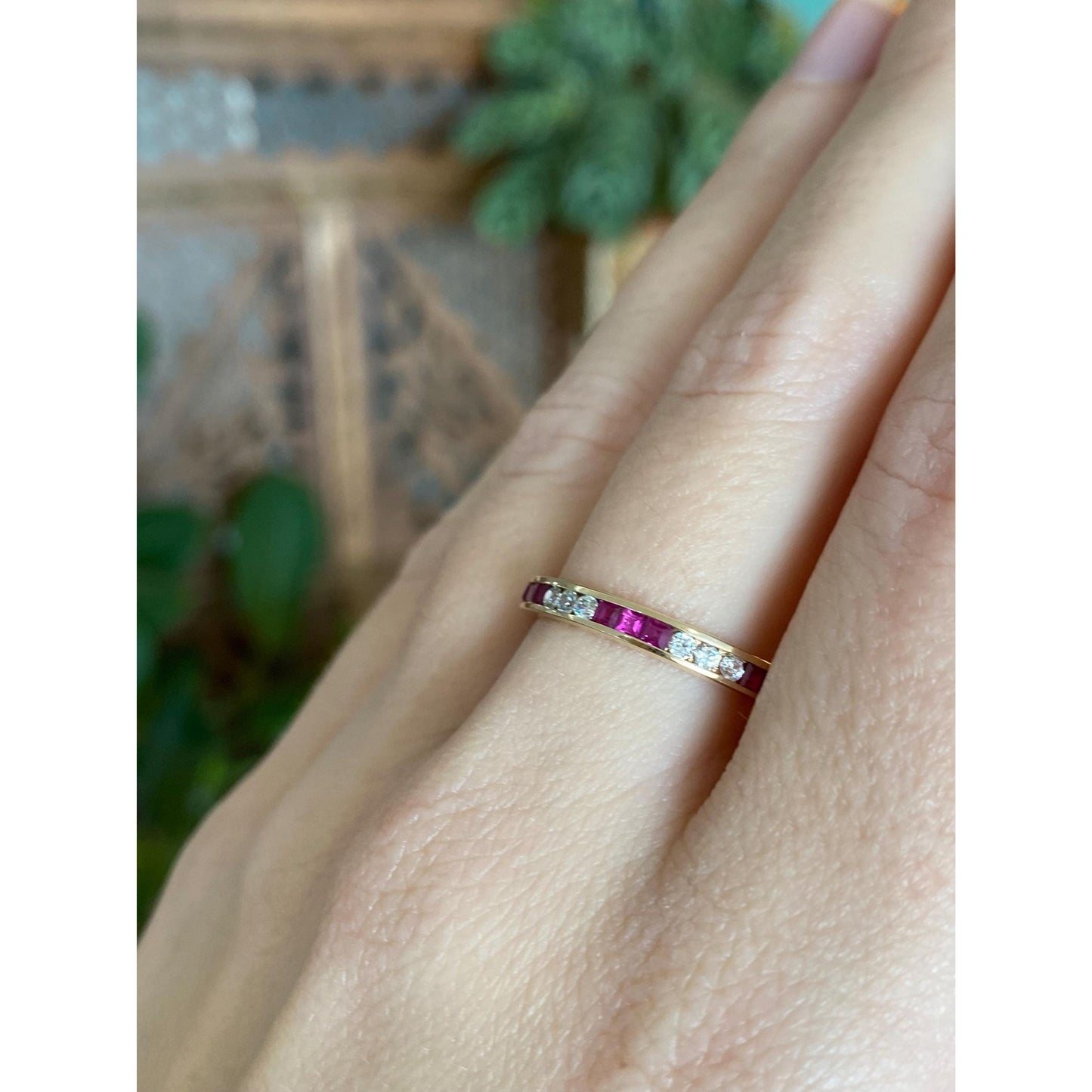 Solid 14k Yellow Gold Pink Sapphire Clear Cubic Zirconia Ring Band - Size 8