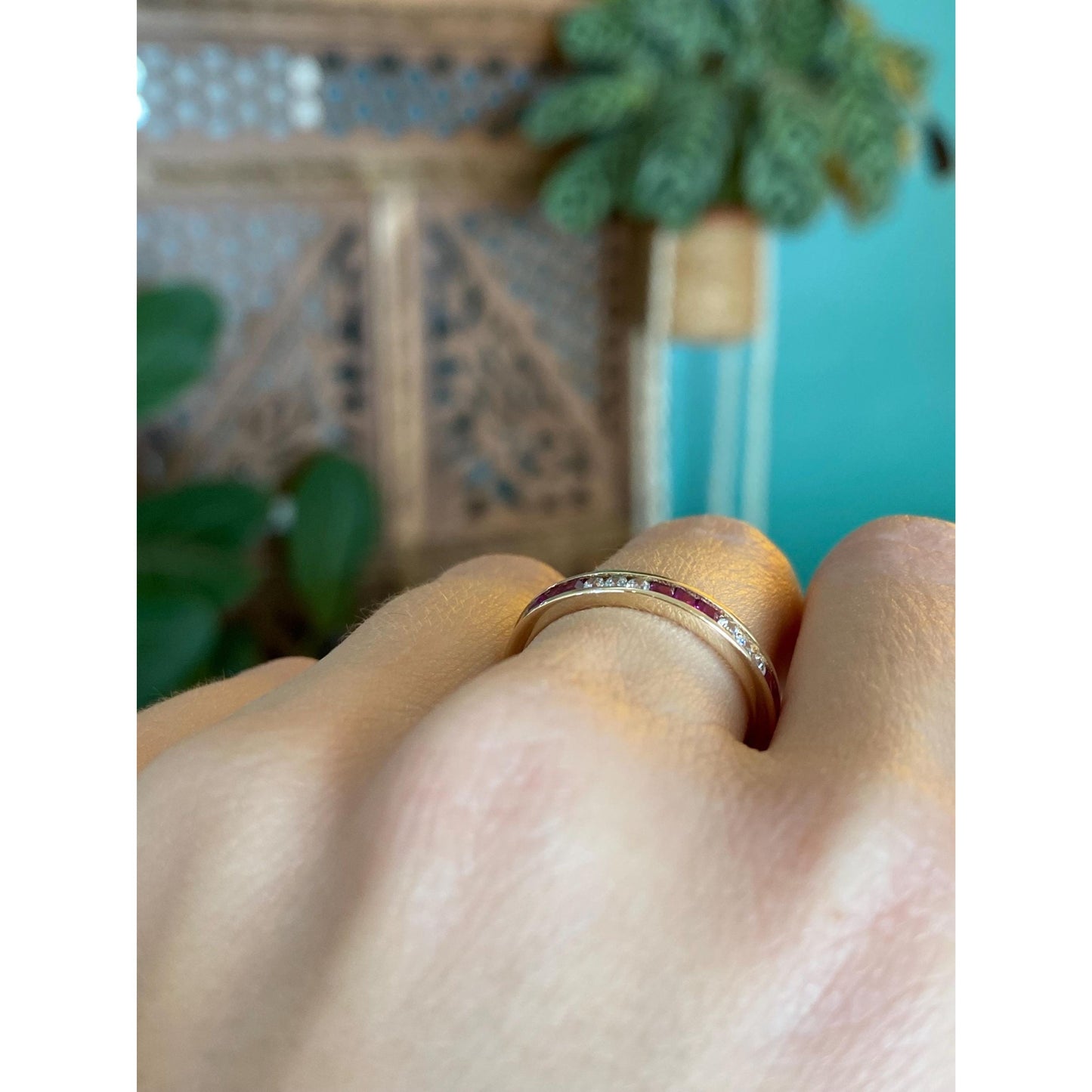 Solid 14k Yellow Gold Pink Sapphire Clear Cubic Zirconia Ring Band - Size 8