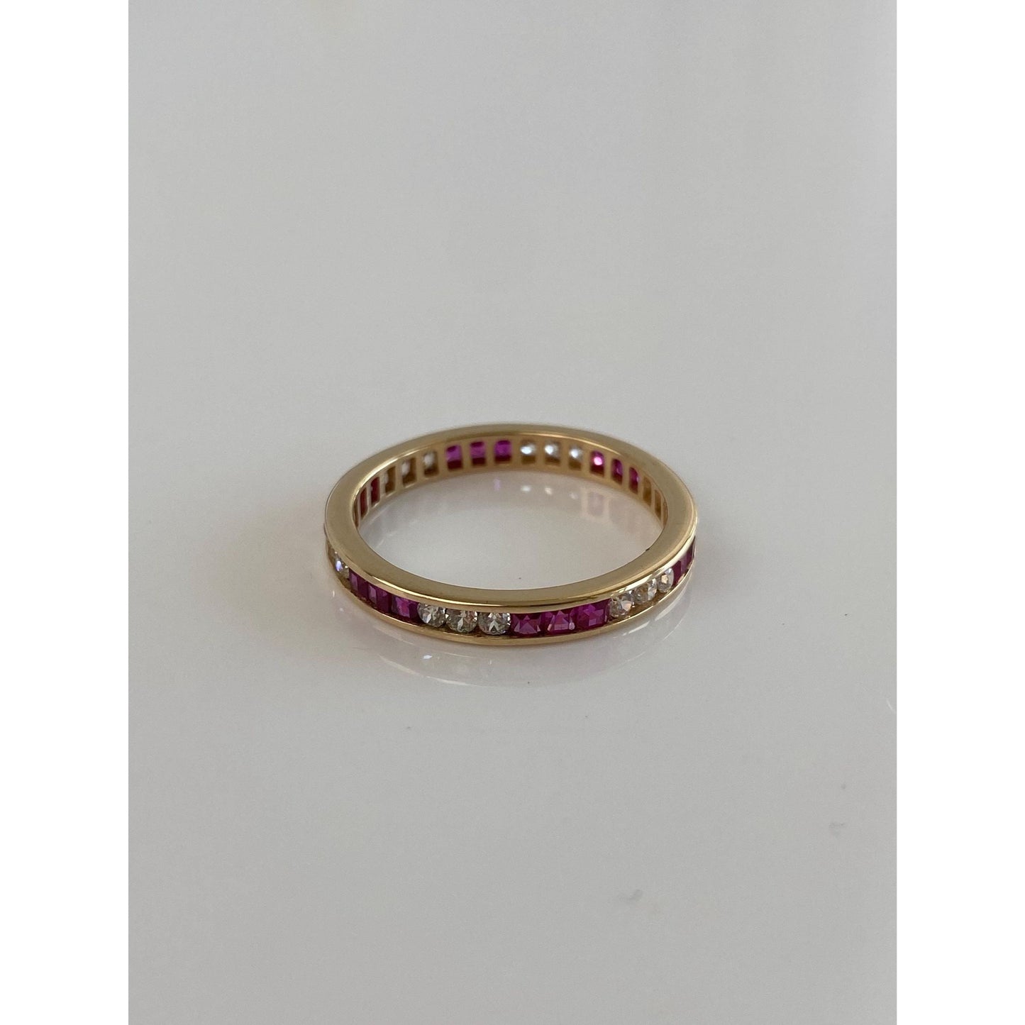 Solid 14k Yellow Gold Pink Sapphire Clear Cubic Zirconia Ring Band - Size 8