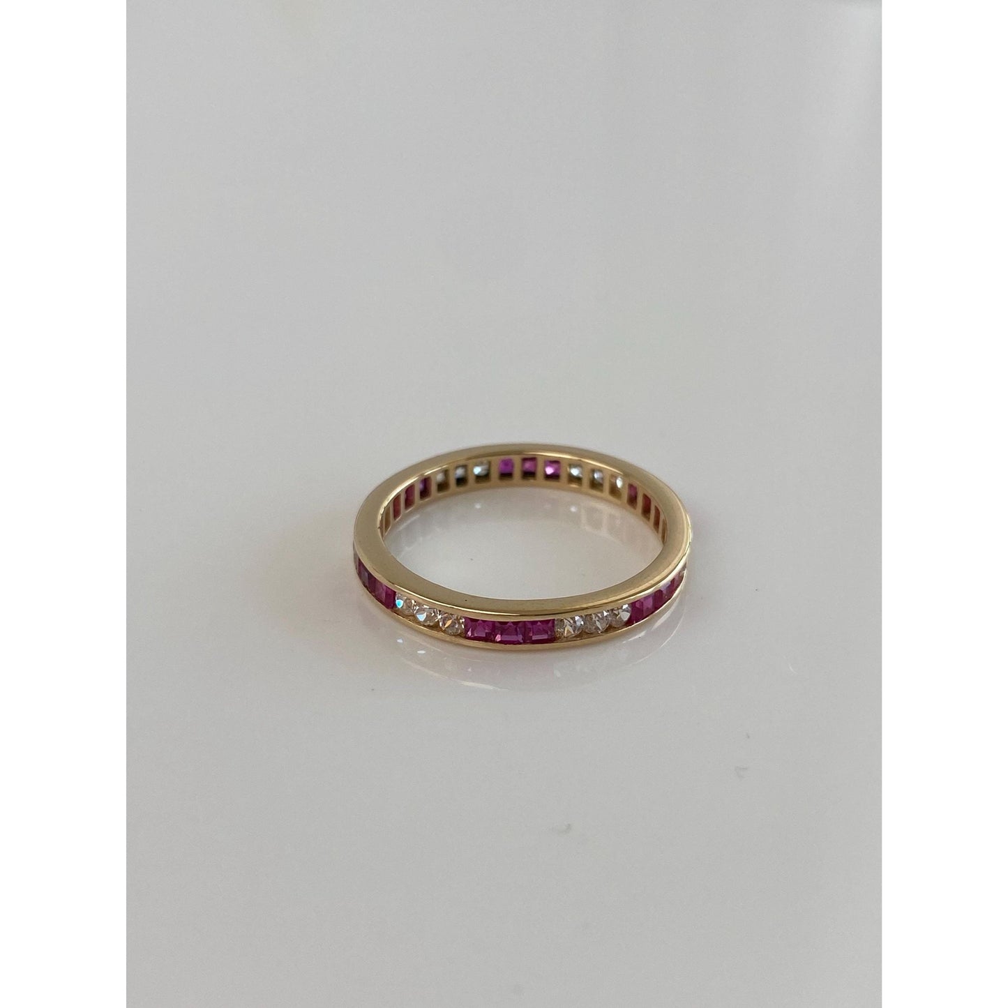 Solid 14k Yellow Gold Pink Sapphire Clear Cubic Zirconia Ring Band - Size 8