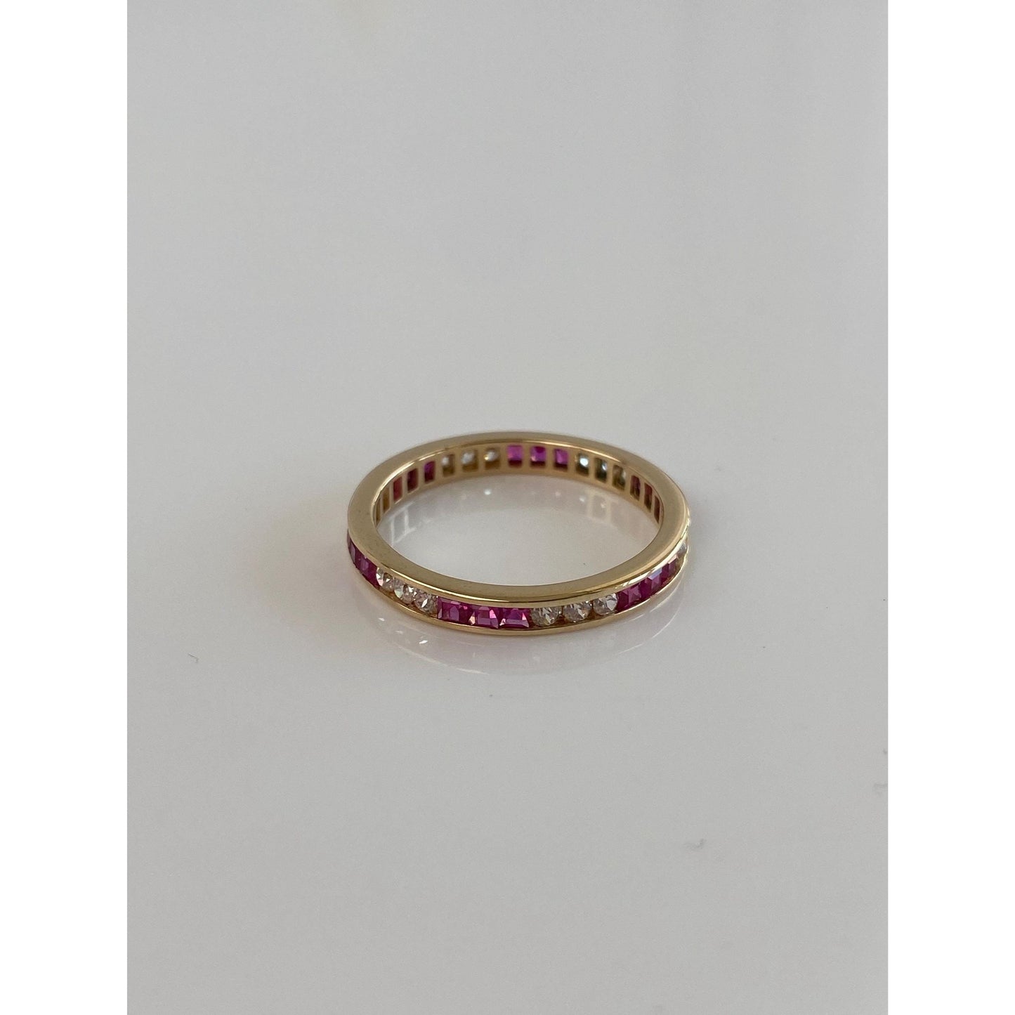 Solid 14k Yellow Gold Pink Sapphire Clear Cubic Zirconia Ring Band - Size 8