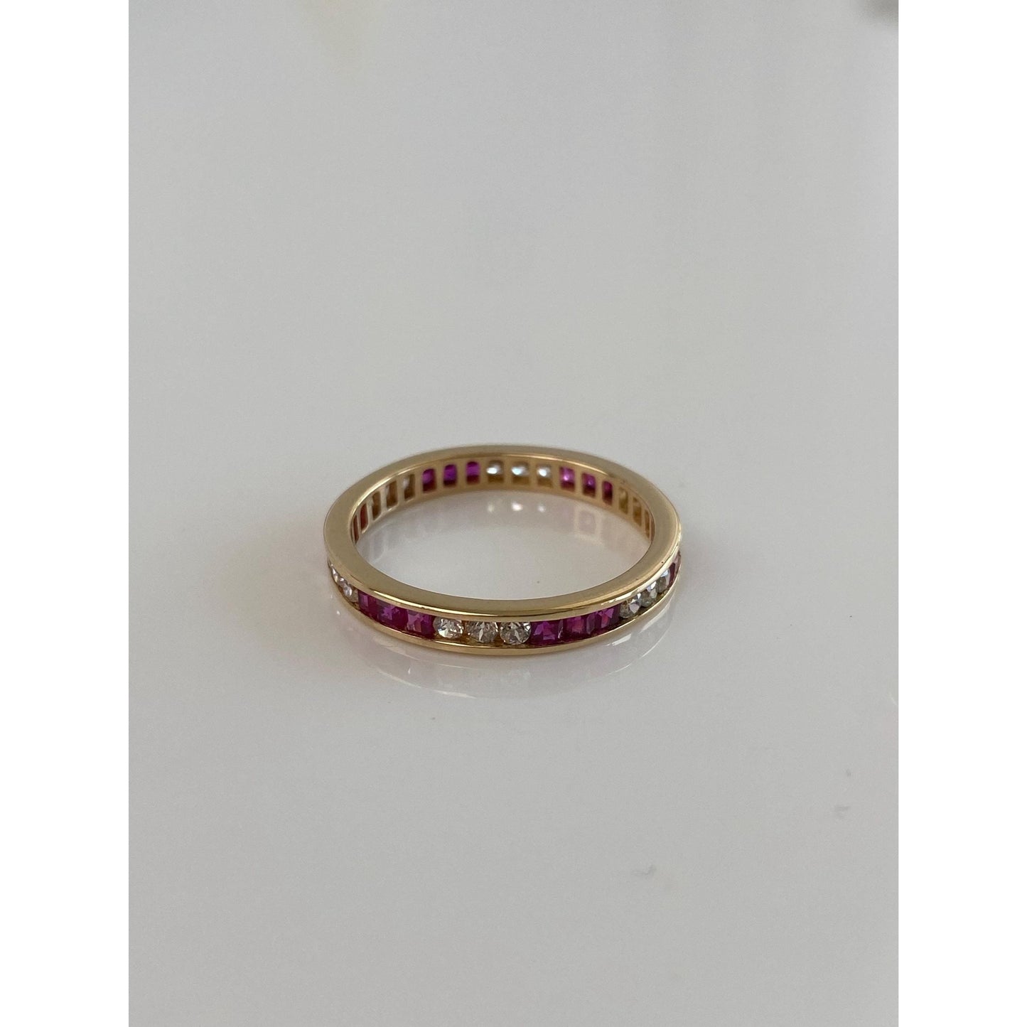 Solid 14k Yellow Gold Pink Sapphire Clear Cubic Zirconia Ring Band - Size 8