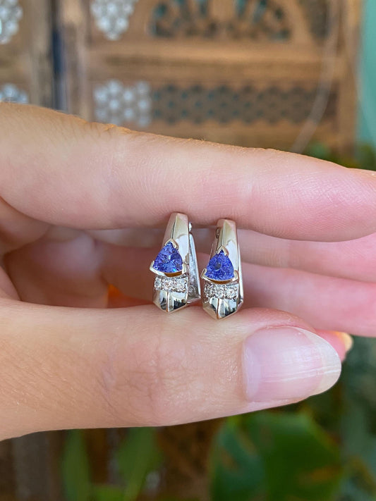 Vintage Solid 14k White Gold Diamond Tanzanite Square Hoop Earrings