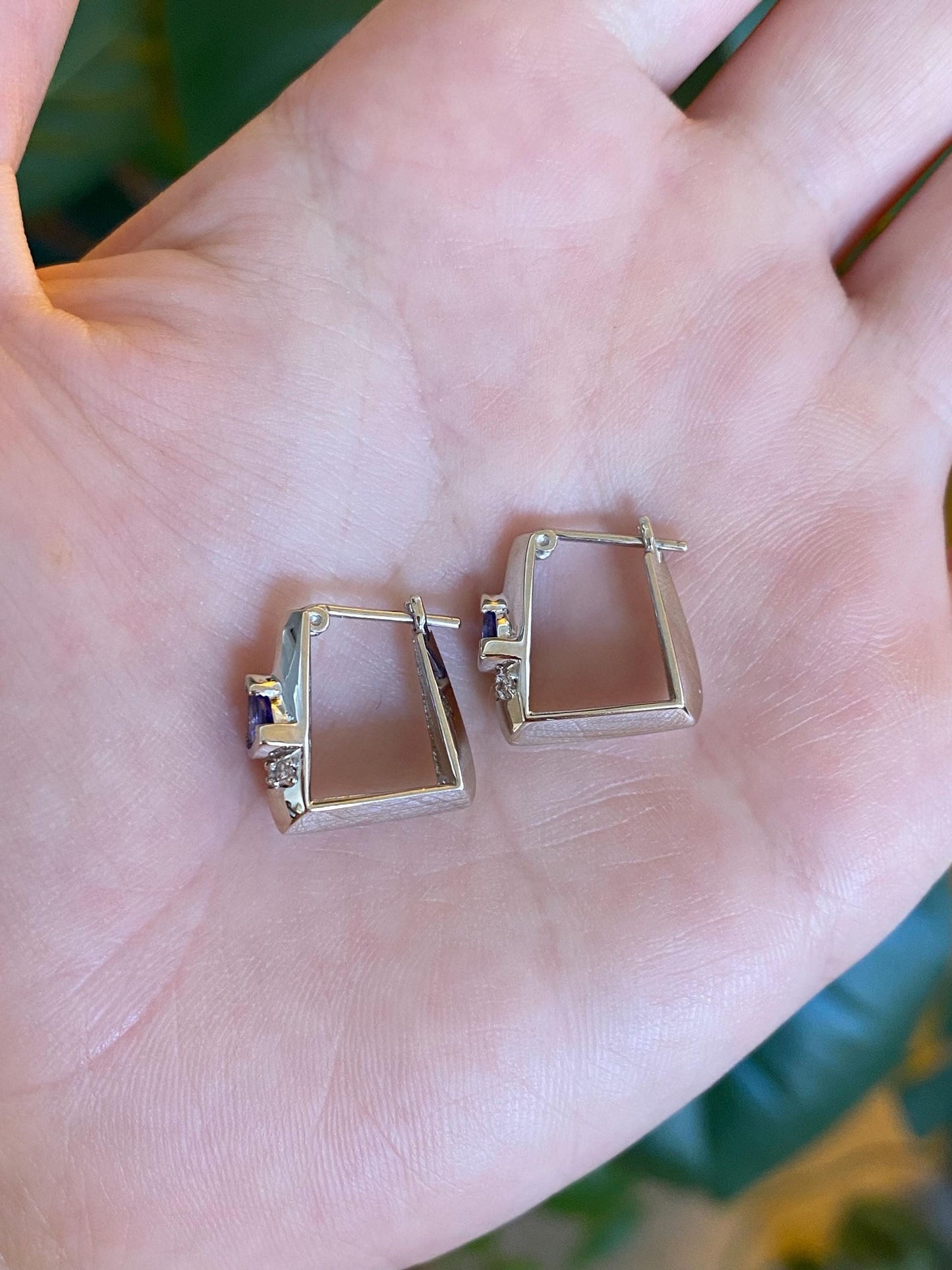 Vintage Solid 14k White Gold Diamond Tanzanite Square Hoop Earrings