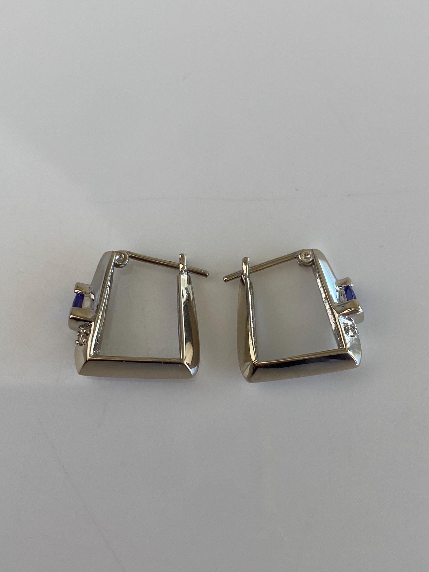 Vintage Solid 14k White Gold Diamond Tanzanite Square Hoop Earrings