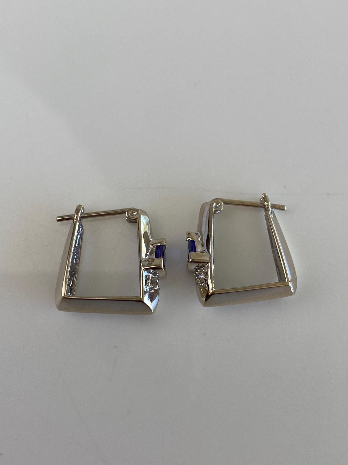 Vintage Solid 14k White Gold Diamond Tanzanite Square Hoop Earrings